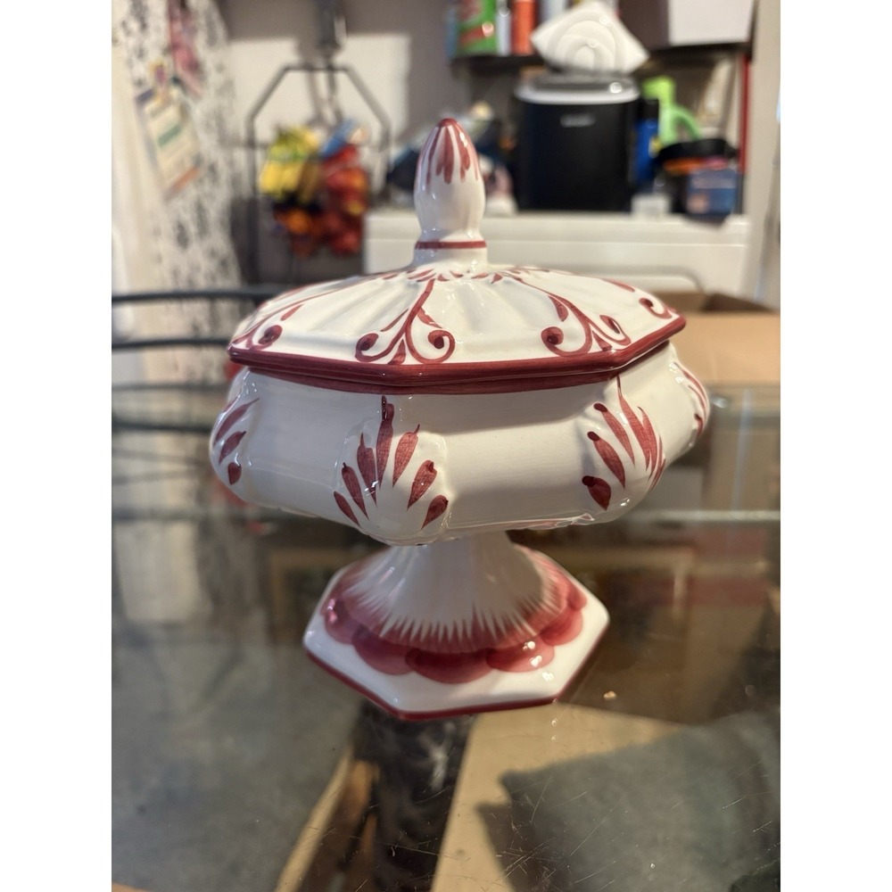 Vintage RCCL Portugal Hand Painted Covered Candy Dish Pedestal Tureen Ruby Red